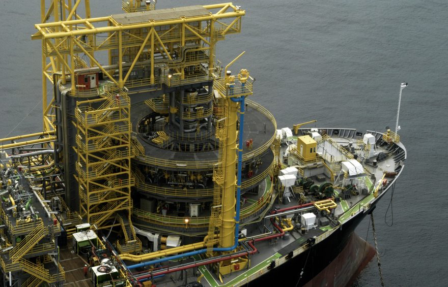 FPSO oil production platform seen from above. State of Rio de Janeiro, Brazil.