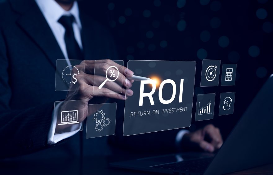ROI, Analyzing Return on Investment Concept. Businessman with digital icons representing ROI analysis, graphs, percentages, and financial symbols, emphasizing investment strategy, financial management